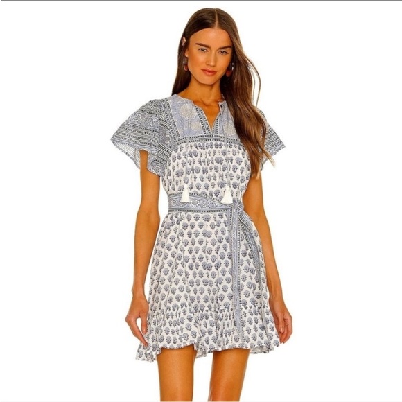 Cleobella Dresses & Skirts - Cleobella Leah Mini Dress Blue White Hydrangea Floral Flutter Sleeve Belt Size M